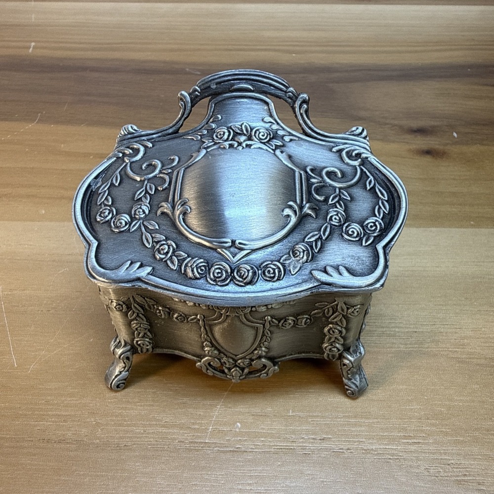 VTG Silver Tone Ornate Trinket Box Jewel Case Black Velvet Insert Rose Floral